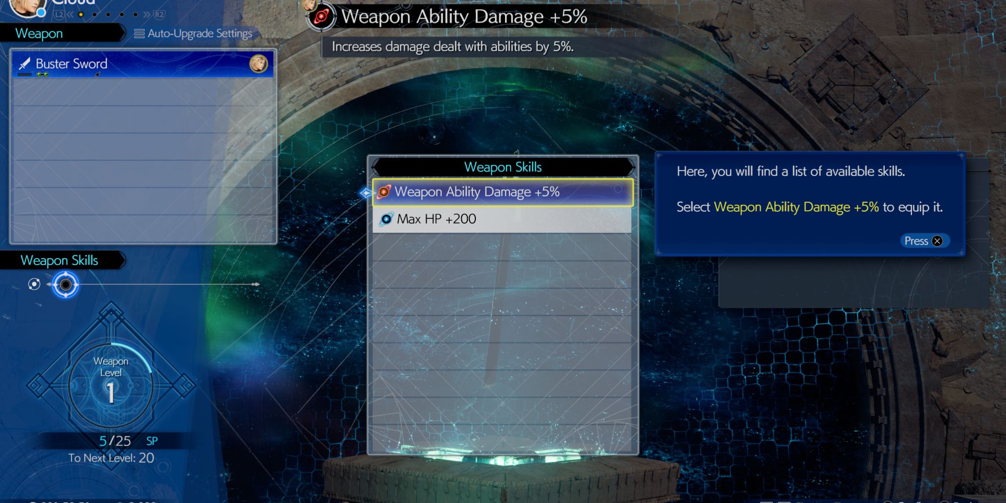 Weapon upgrade menu in Final Fantasy 7 Rebirth