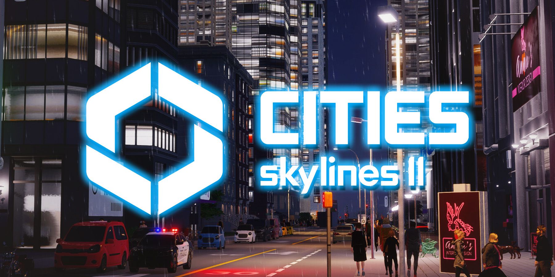 white Cities Skylines 2 logo with light blue outer glow on downtown street screenshot