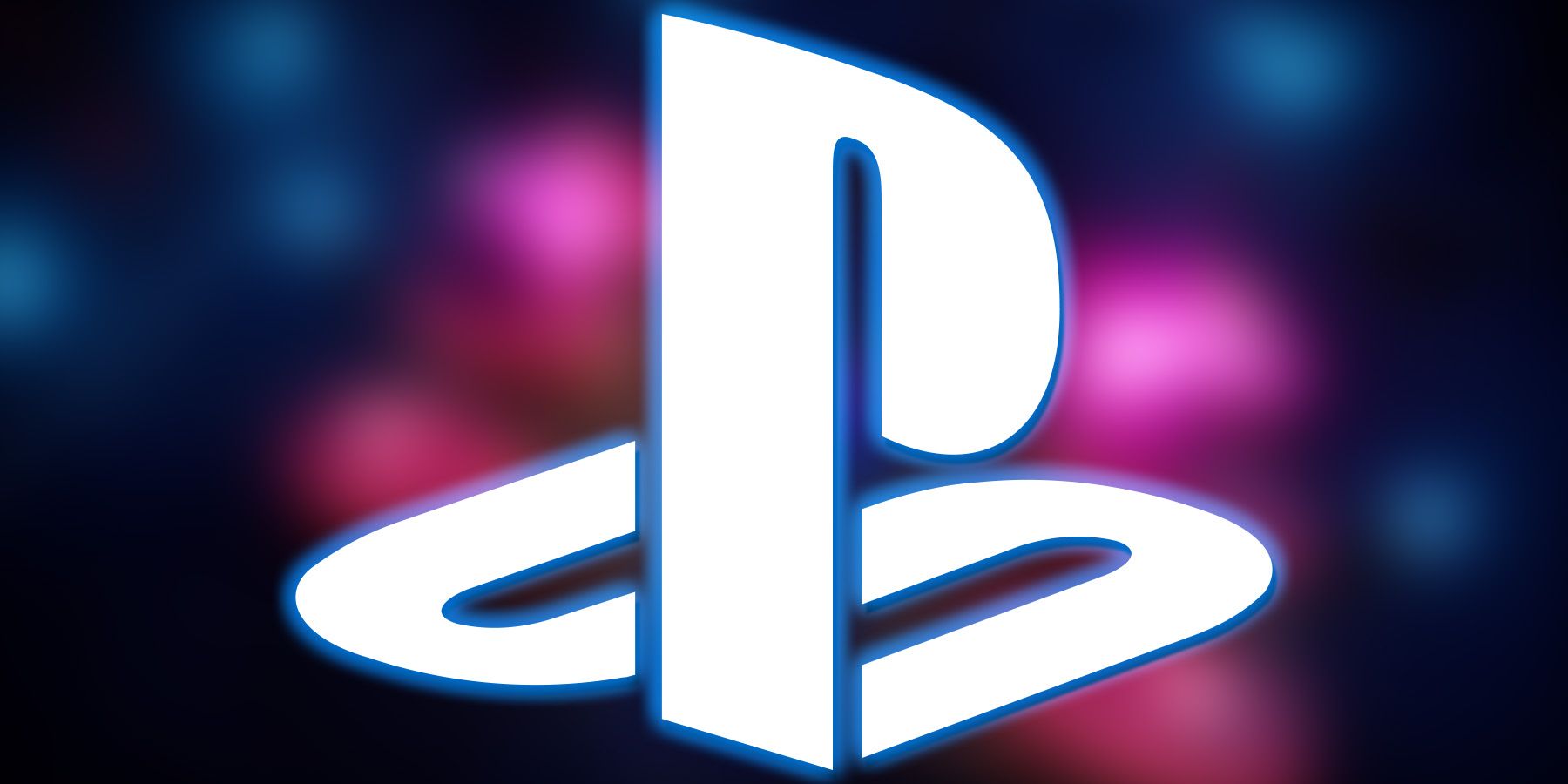 White PlayStation logo emblem submark with light blue outer glow on blurred V Rising dungeon screenshot