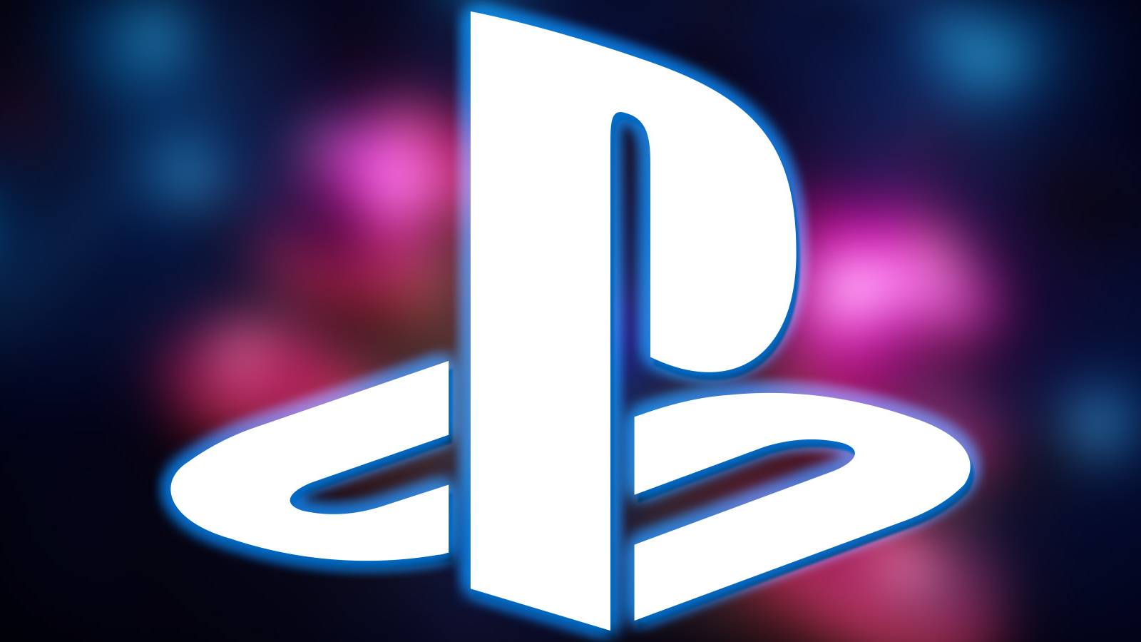 White PlayStation logo emblem submark with light blue outer glow on blurred V Rising dungeon screenshot