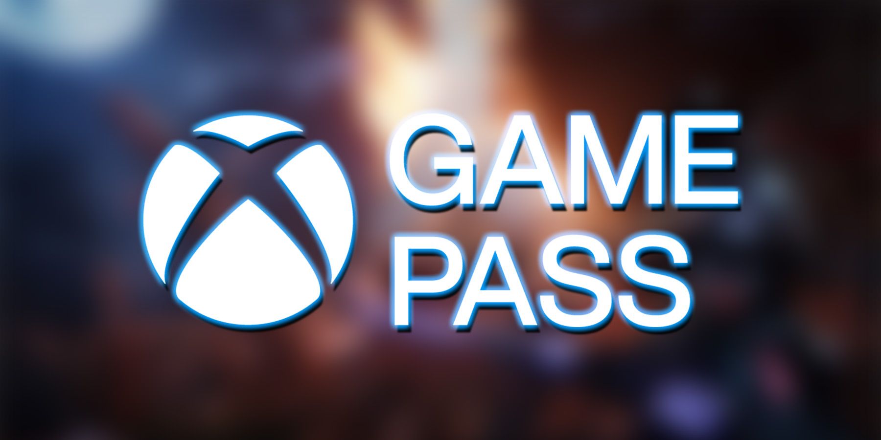 white Xbox Game Pass logo with blue outer glow and drop shadow on blurred Evil West burning church fight gameplay screenshot
