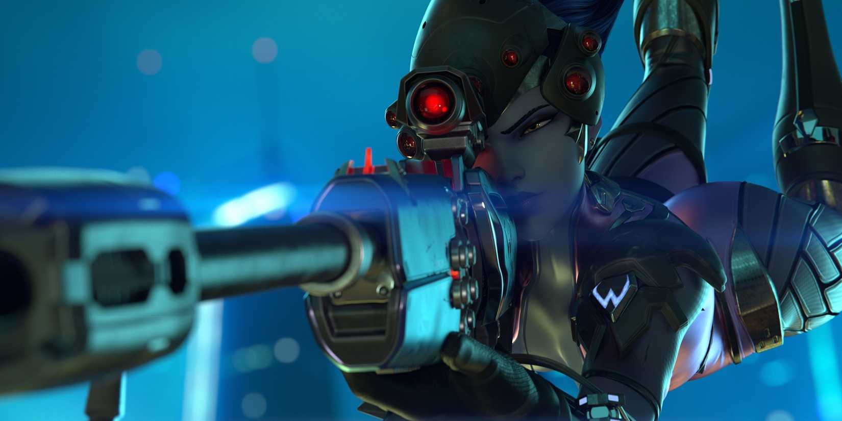 A visual from a promotional trailer for Overwatch, featuring Widowmaker.