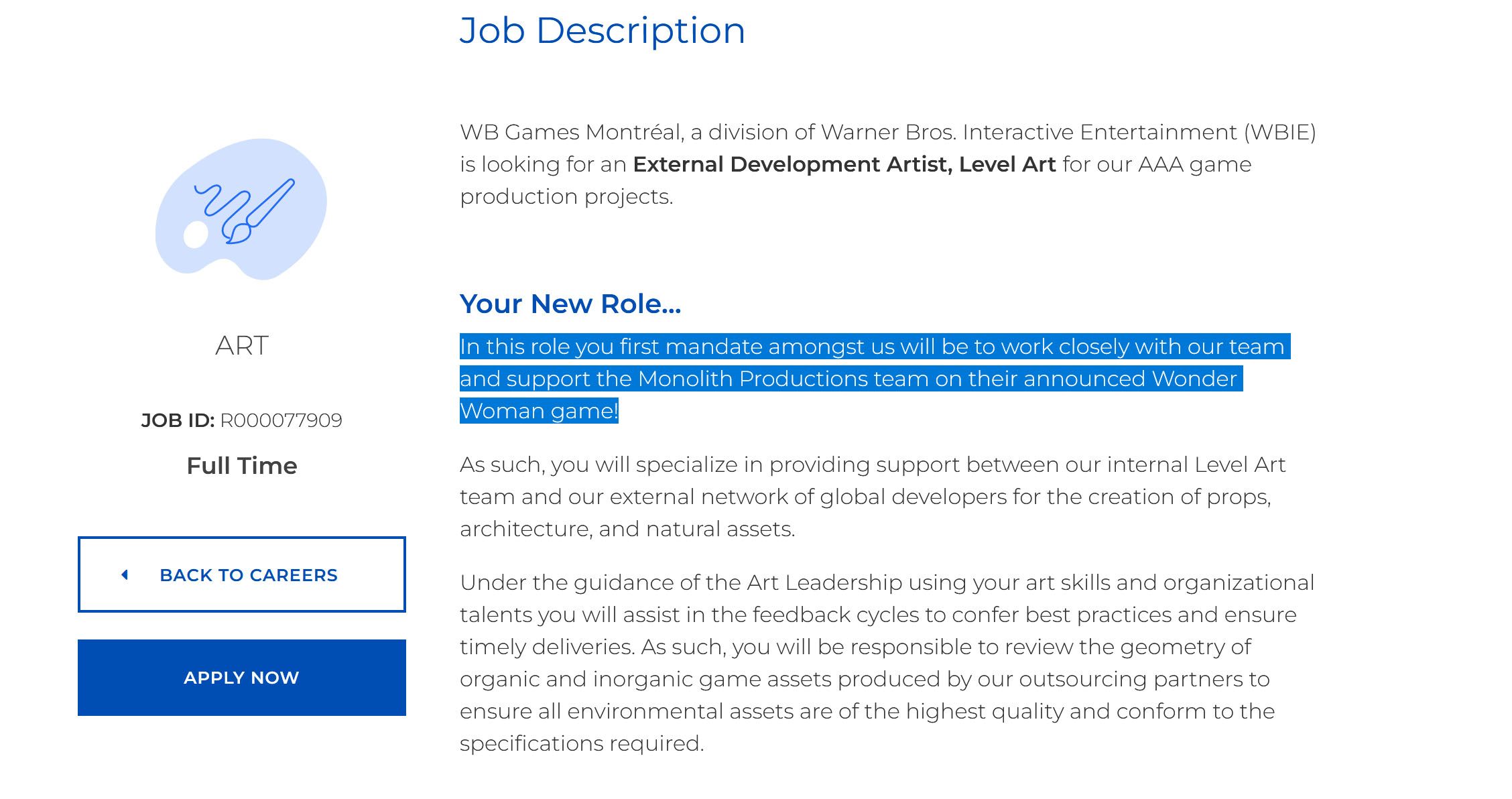 A screenshot of a job listing for an External Development Artist to help WB Montreal with the upcoming Wonder Woman game.