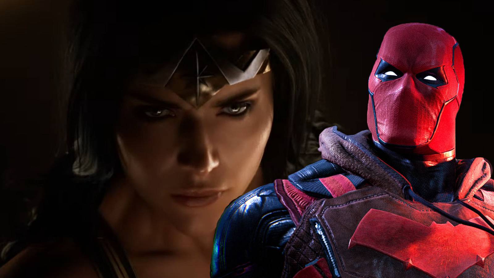 A promotional image of the upcoming Wonder Woman game with Gotham Knights' Red Hood inserted into it.