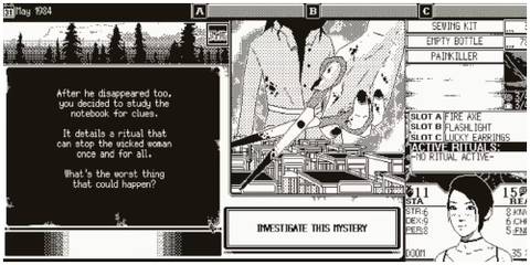 World of Horror - Pair of scissors shown in foreground, suggesting a crime scene. Inventory and action options also shown