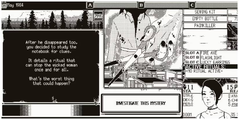 World of Horror - Pair of scissors shown in foreground, suggesting a crime scene. Inventory and action options also shown