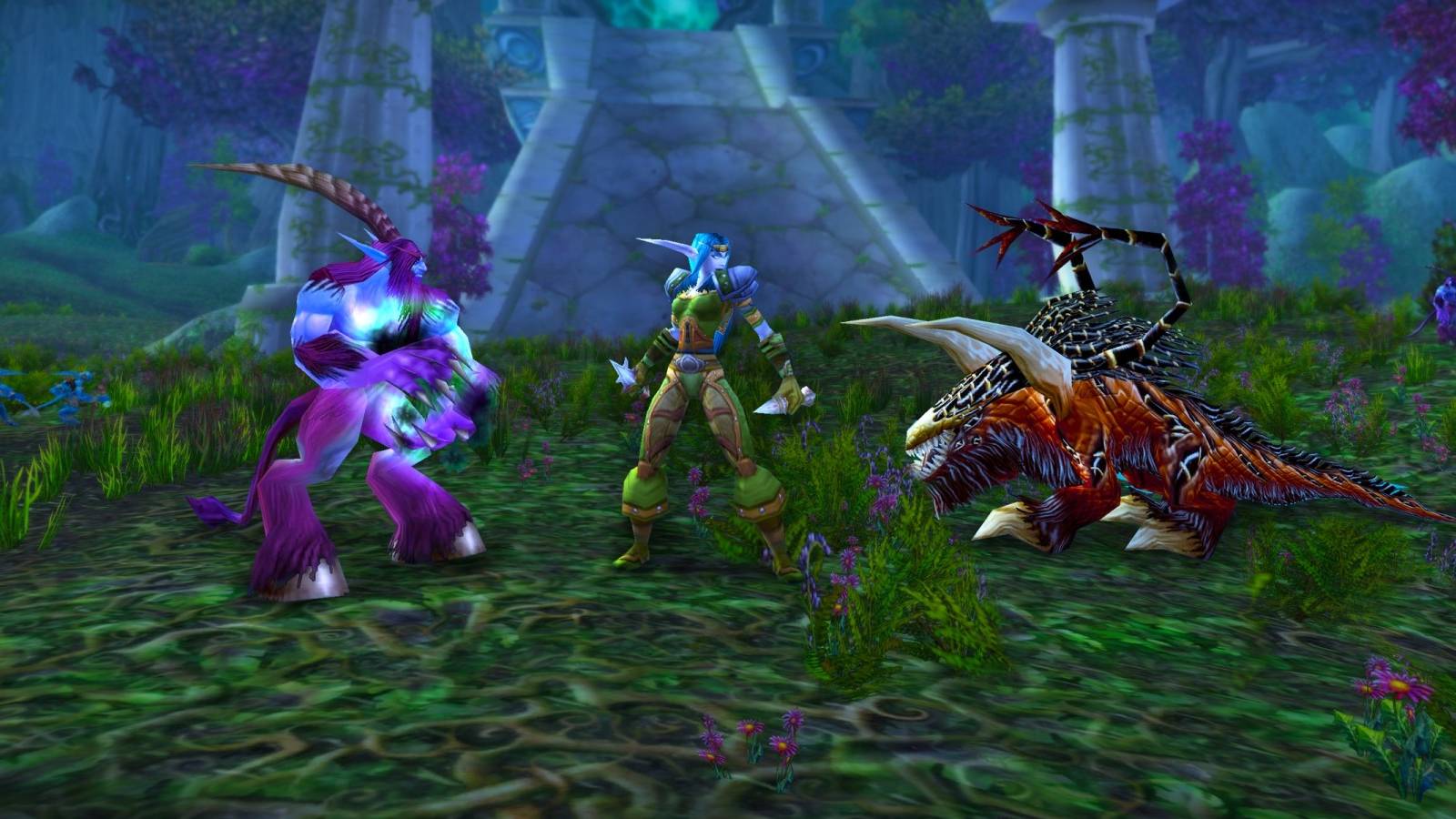 a night elf fighting a satyr and a felhound in wow classic