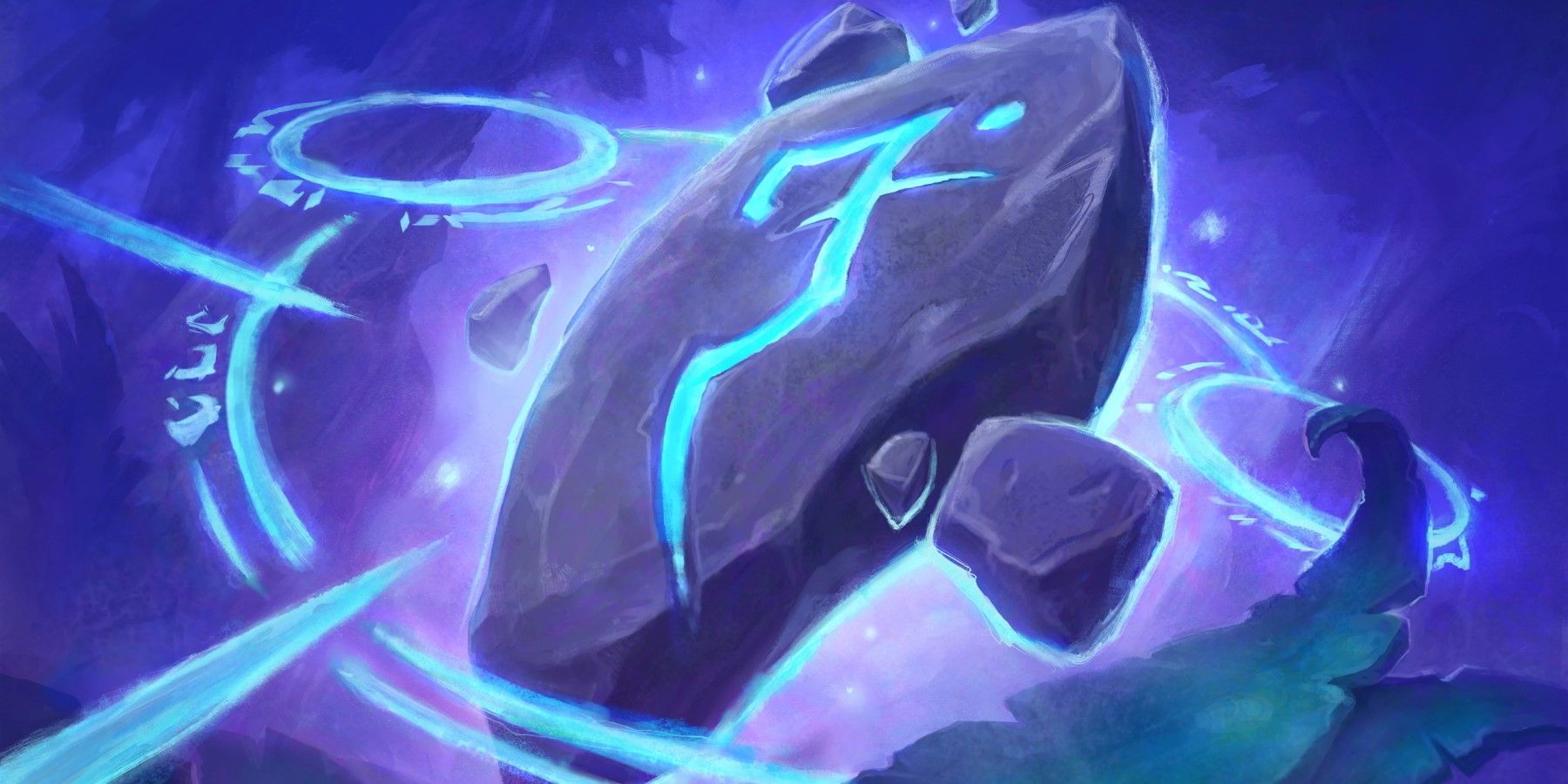 primordial glyph card from hearthston depicting a rock with a magic rune floating in an arcane circle