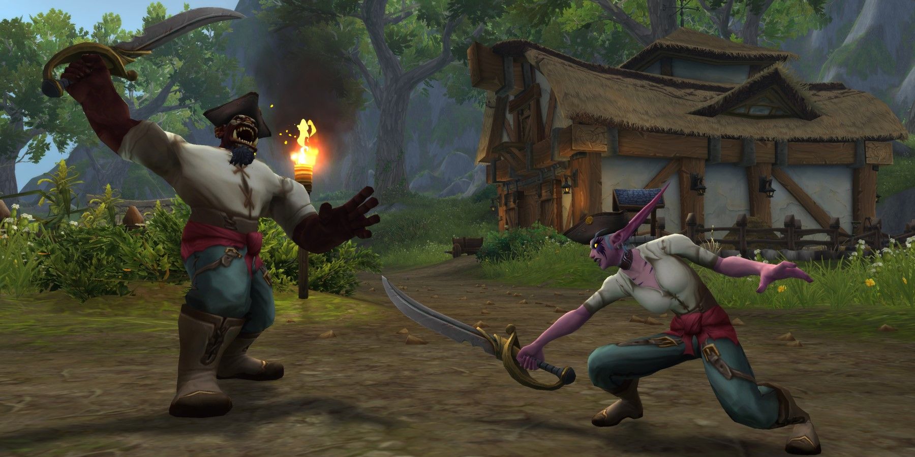 an orc and night elf pirate dueling in wow plunderstorm