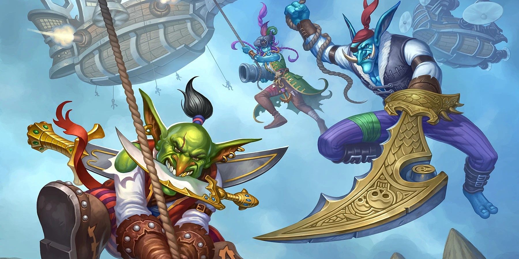 three pirates swinging down from an airship from wow hearthstone