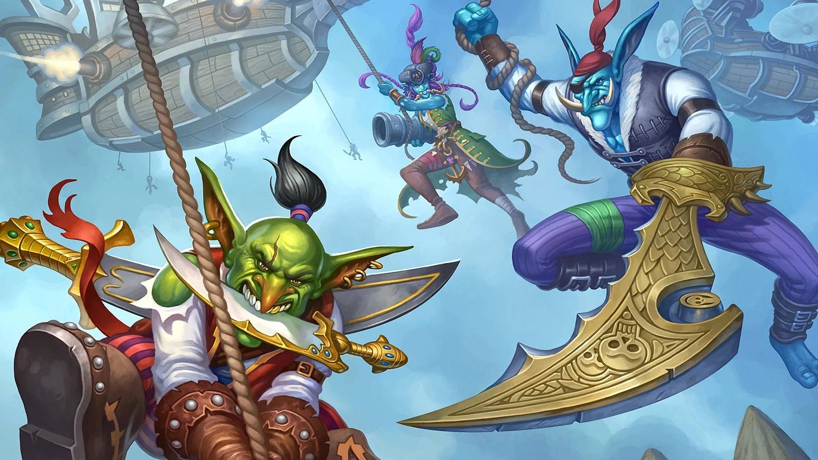 three pirates swinging down from an airship from wow hearthstone
