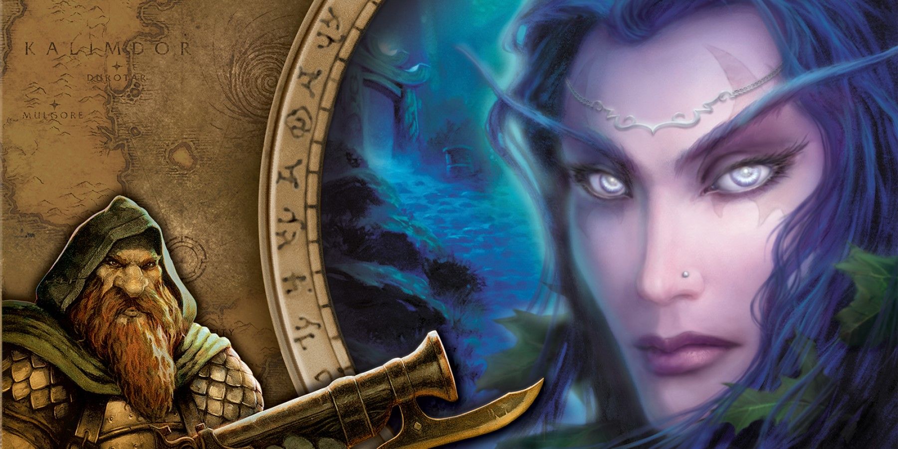 wallpaper from the original wow box art featuring a night elf woman's face and a dwarven gunner