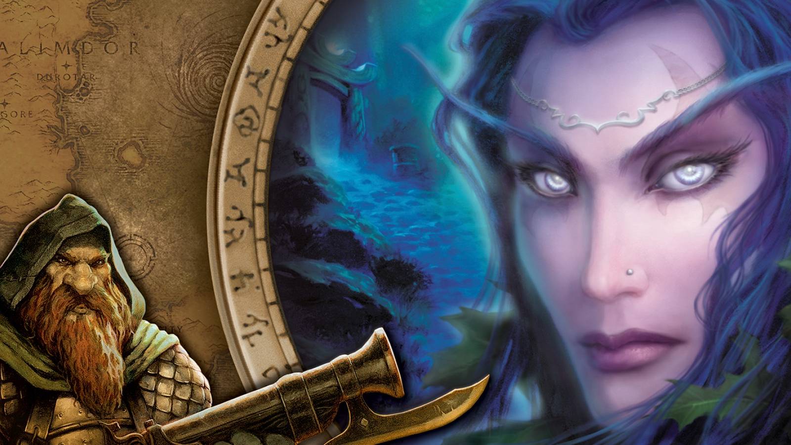wallpaper from the original wow box art featuring a night elf woman's face and a dwarven gunner