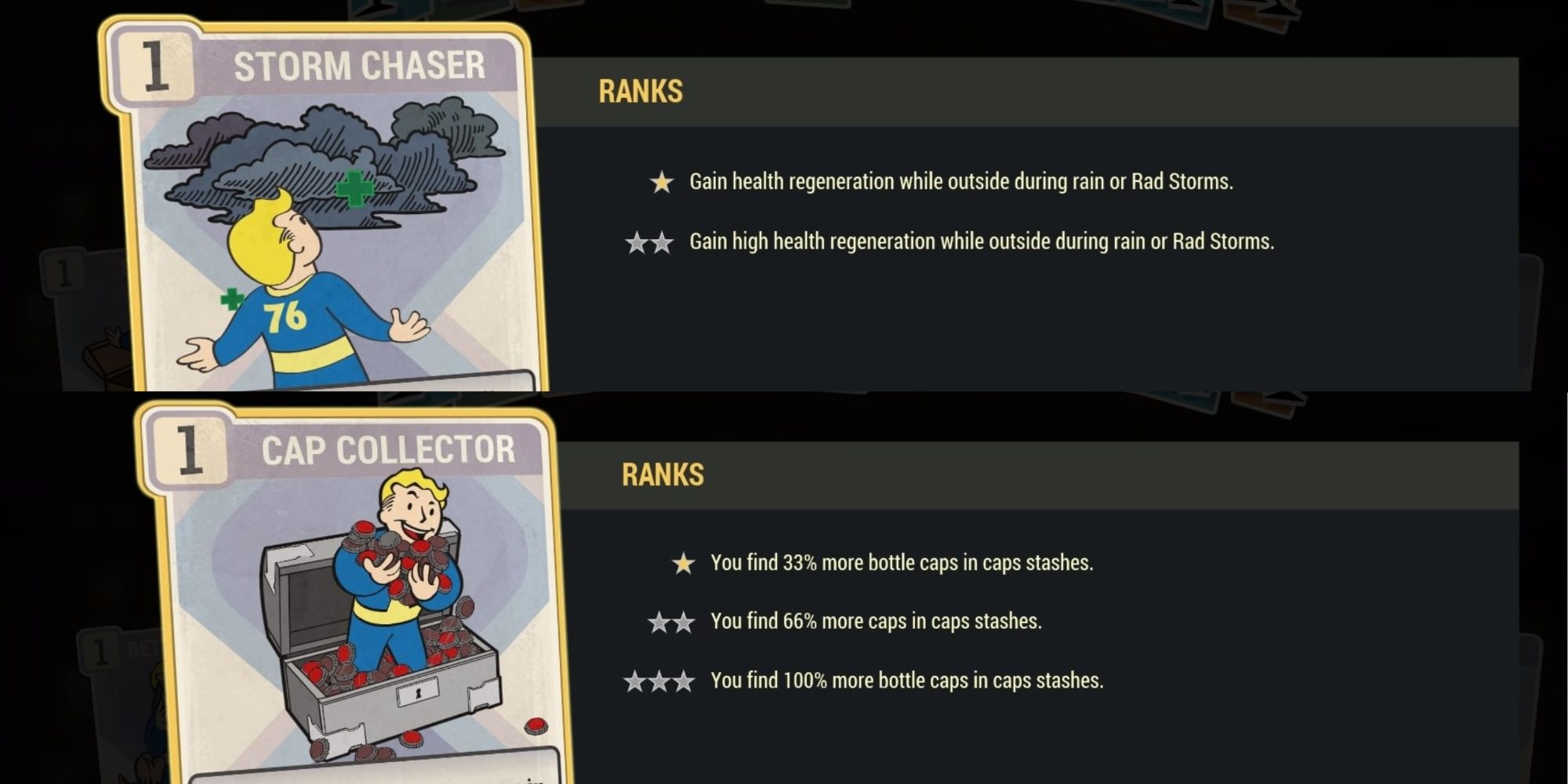 Fallout 76 Storm Chaser And Cap Collector Perk Cards