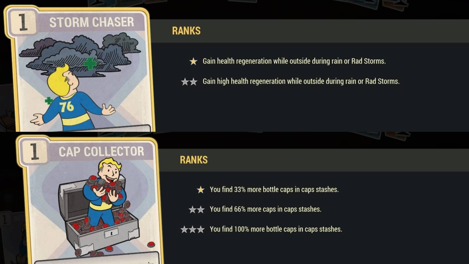 Fallout 76 Storm Chaser And Cap Collector Perk Cards