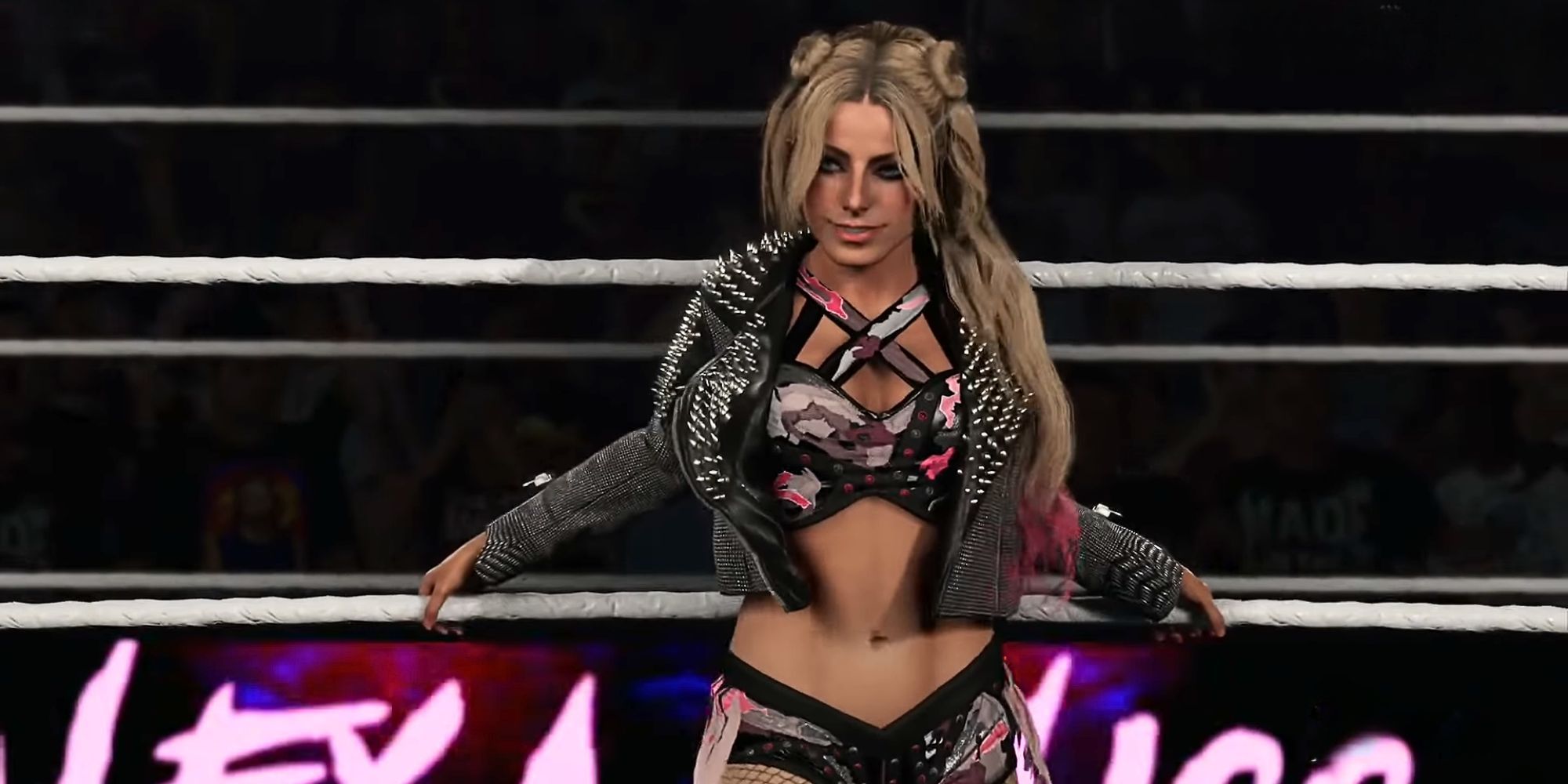 Alexa Bliss standing on the ring apron in WWE 2K24
