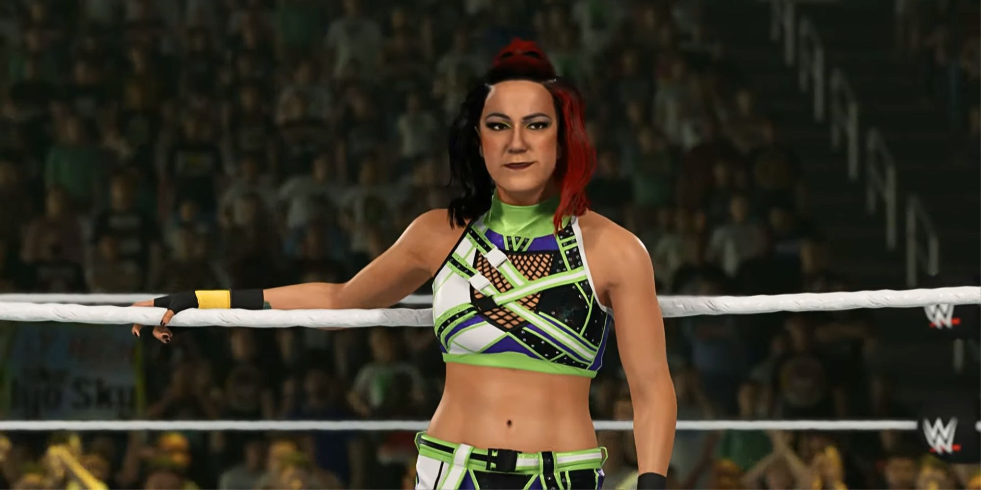 Bayley standing on the ring apron with her hand on the top rope in WWE 2K24