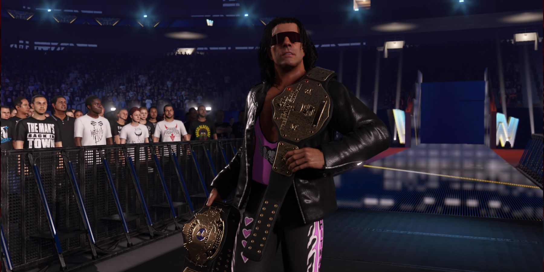 WWE 2K24 -  Bret Hart entrance with the classic WWF and NWA belts