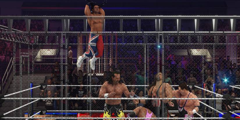 WWE 2K24 British Bulldog diving off the cage