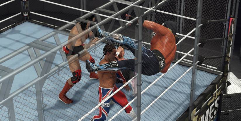 WWE 2K24 British Bulldog throwing Hogan into the cage