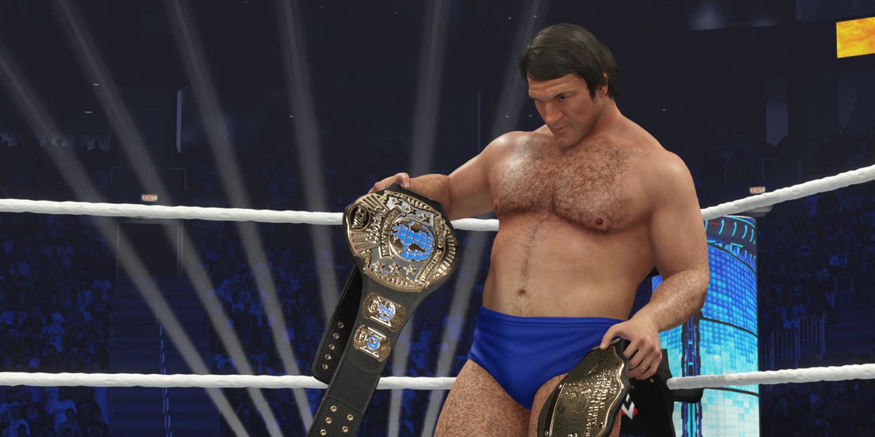 WWE 2K24 - Bruno Sammartino starting a match as a double champ in Universe
