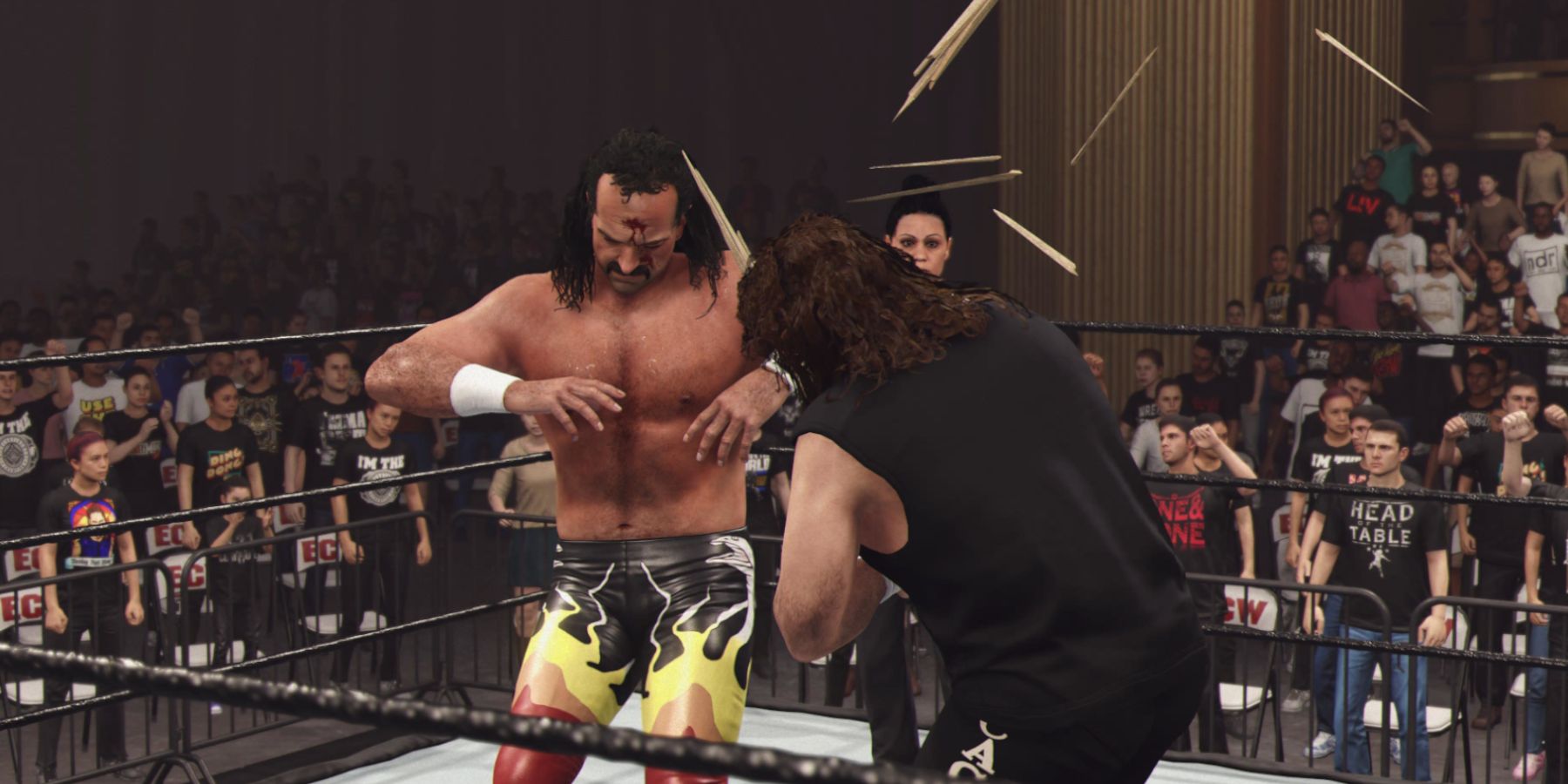 WWE 2K24 Cactus Jack hitting Jake the Snake with a kendo stick