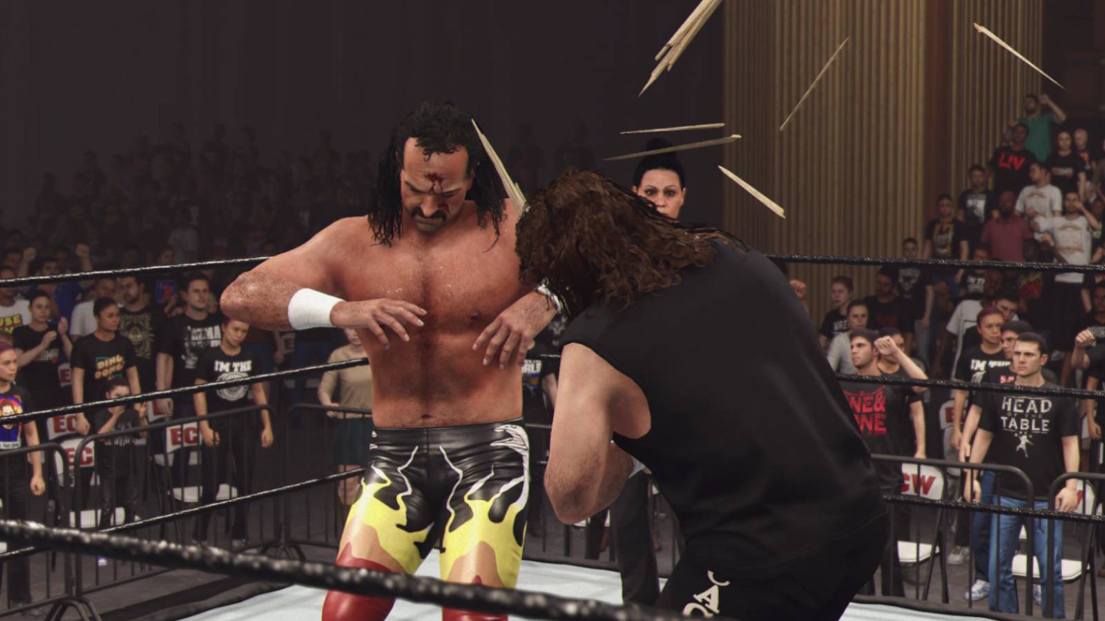WWE 2K24 Cactus Jack hitting Jake the Snake with a kendo stick