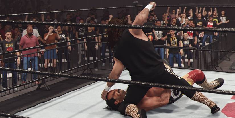 WWE 2K24 Cactus Jack working on the head of Jake the Snake