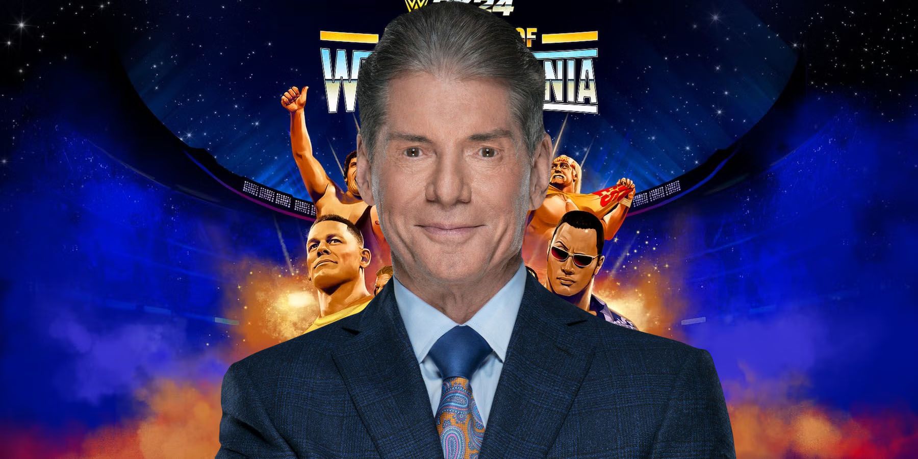 The digital cover for WWE 2K24 with Vince McMahon inserted in front.
