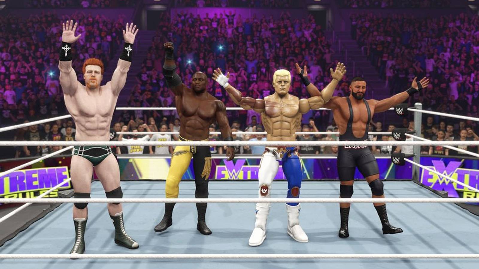 A screenshot showing various wrestlers, including an action figure version of Cody Rhodes, standing in the ring in WWE 2K24.