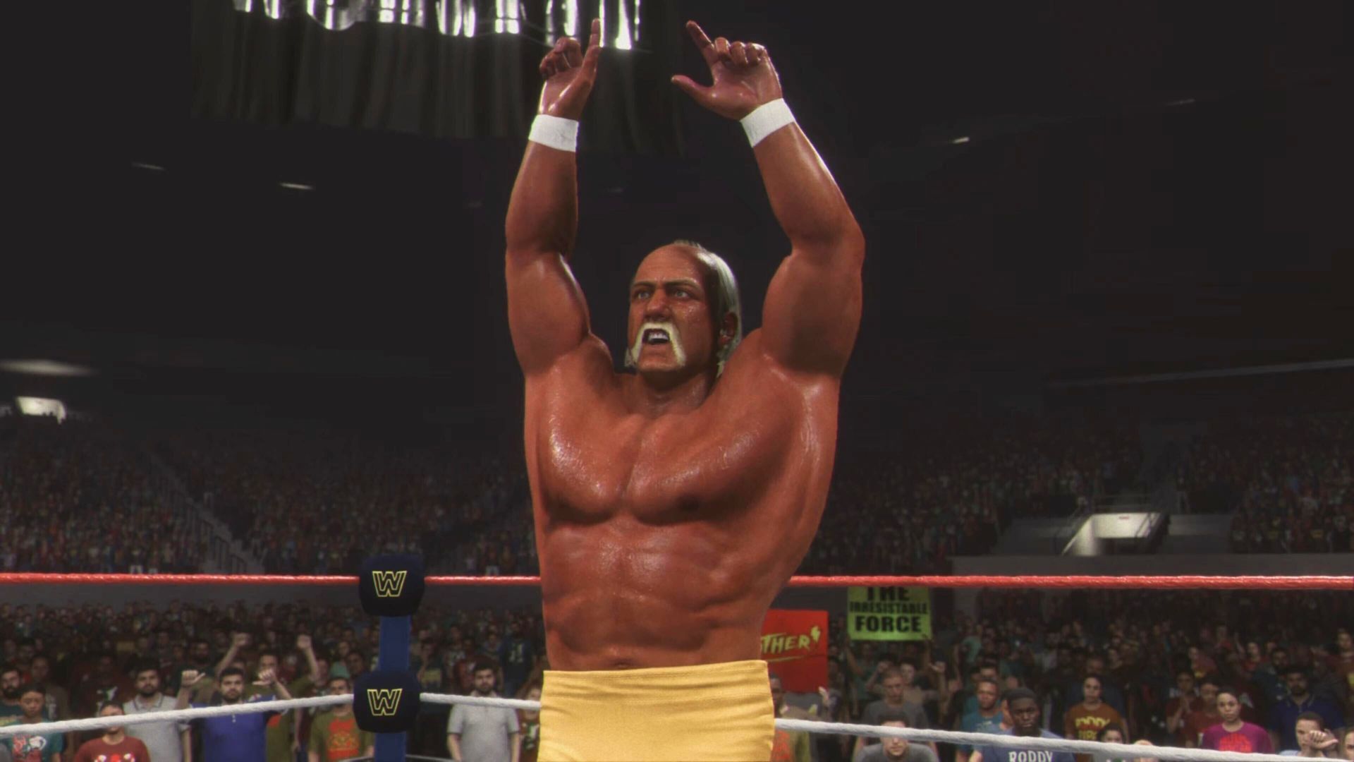 Hulk Hogan raising his hands in victory in WWE 2K24