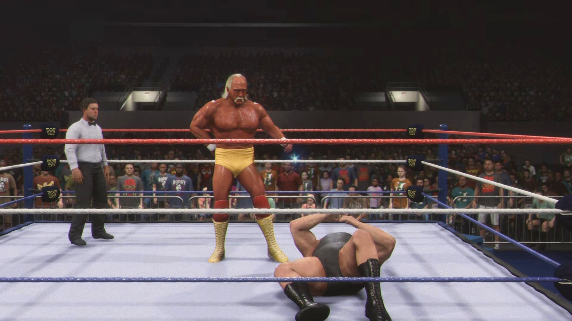 Hulk Hogan standing over Andre the Giant in WWE 2K24