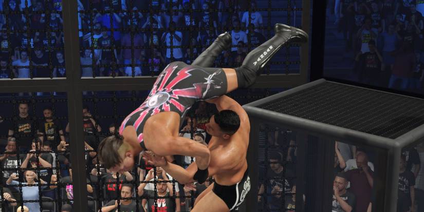 WWE 2K24  Gunther catching RVD on the pod in the Elimination Chamber