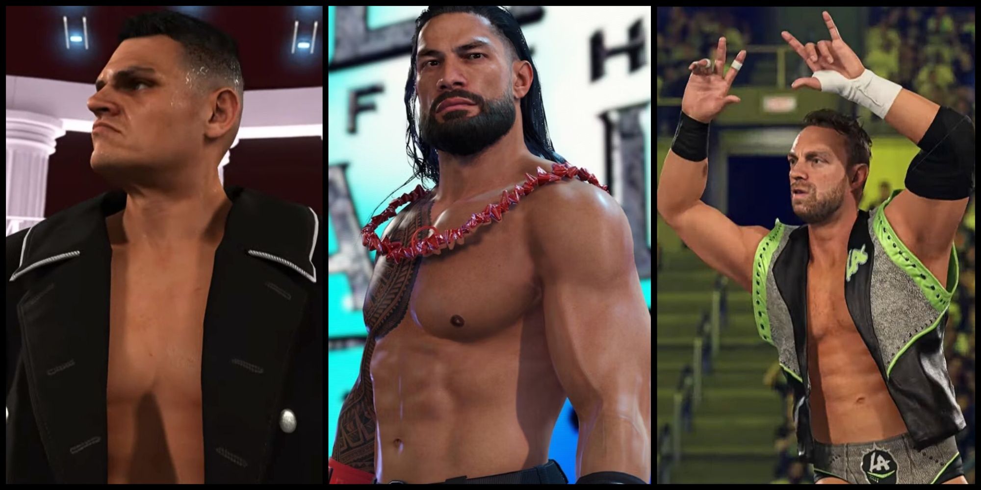 Gunther, Roman Reigns, and LA Knight in WWE 2K24