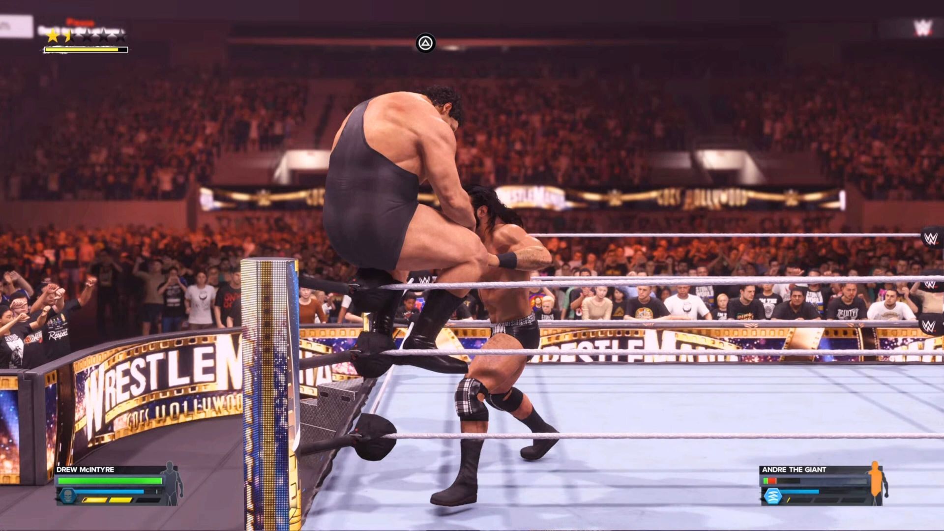 Drew McIntyre and Andre the Giant on the top rope in WWE 2K24