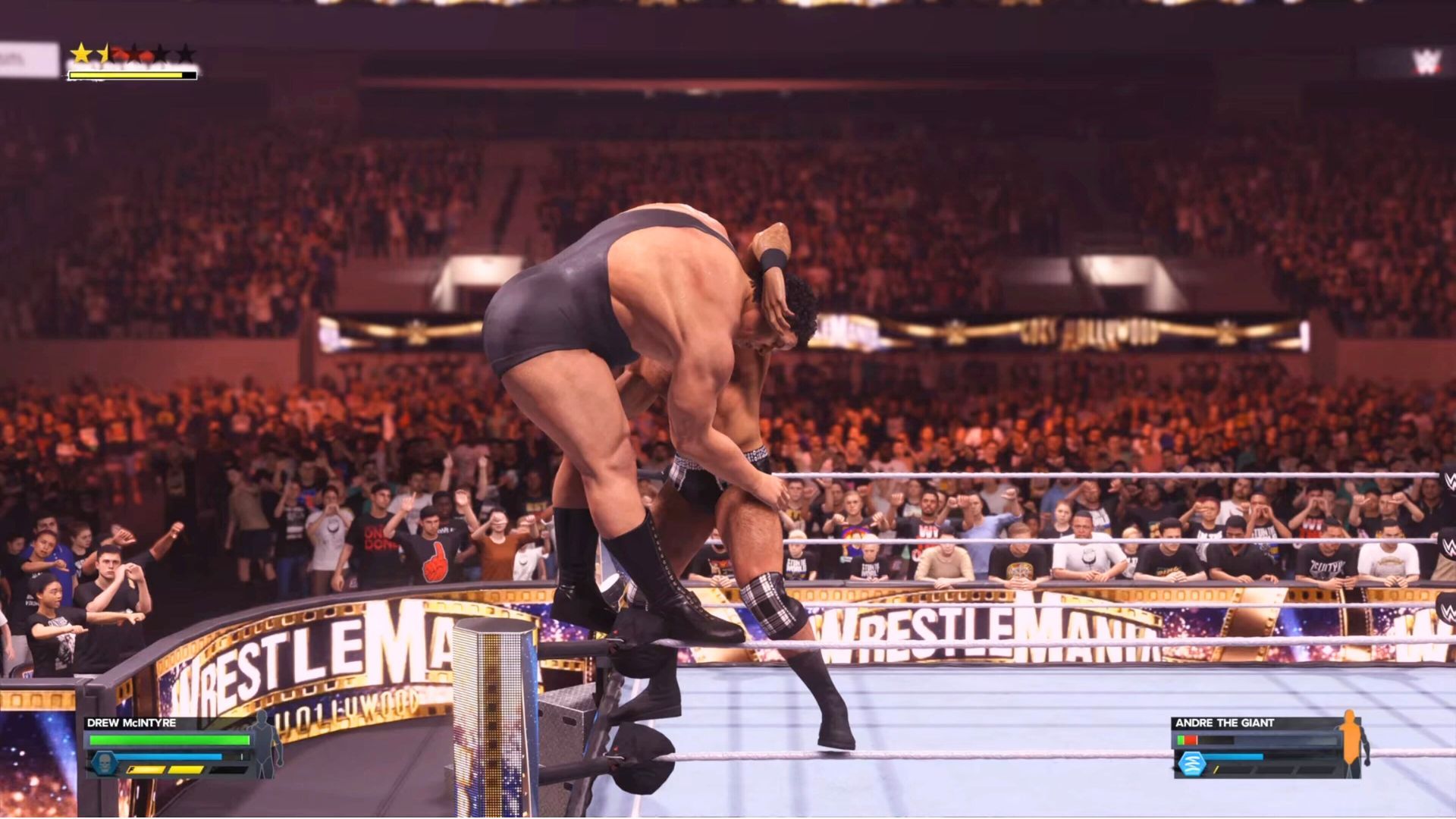 Drew McIntyre preparing to suplex Andre the Giant from the top rope in WWE 2K24