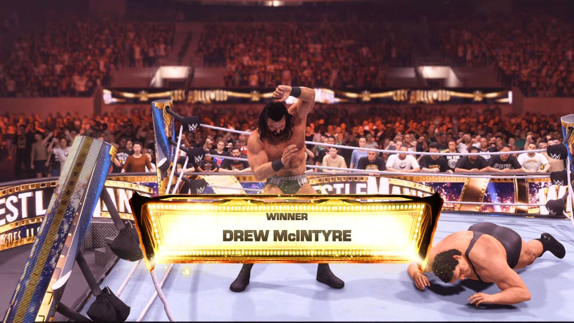 Drew McIntyre winning a match with a broken ring in WWE 2K24