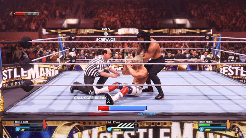 Roman Reigns and Cody Rhodes in a match with Paul Heyman as the referee in WWE 2K24