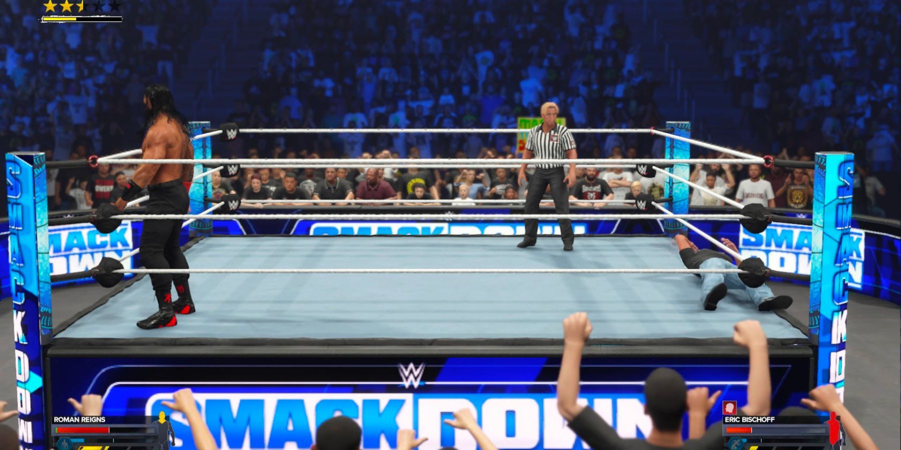roman reigns removing turnbuckle in a smackdown match in wwe 2k24
