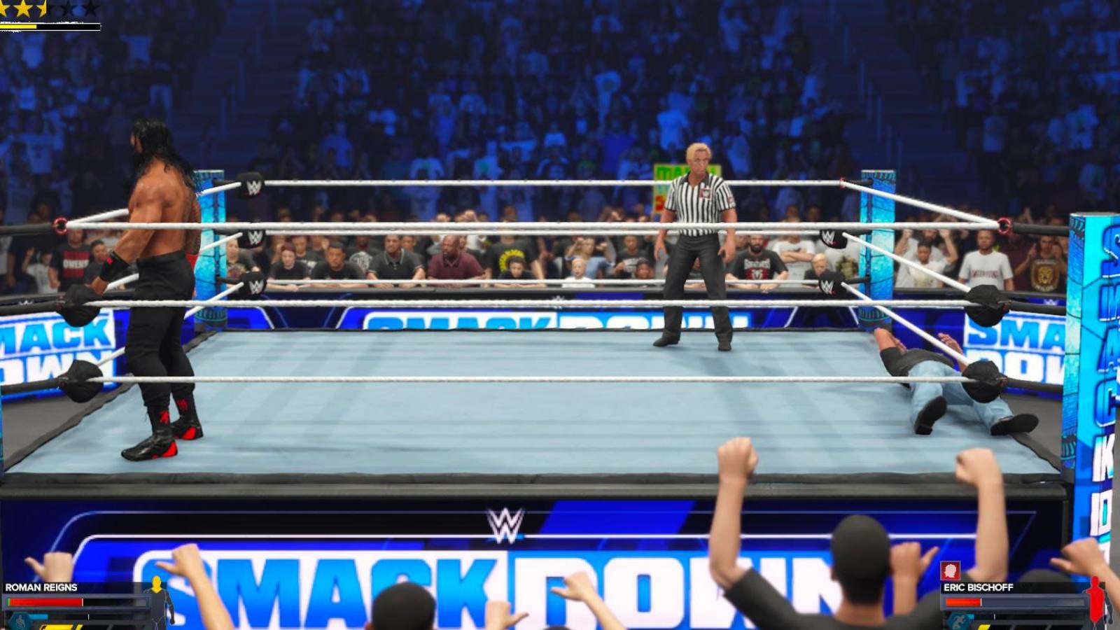 roman reigns removing turnbuckle in a smackdown match in wwe 2k24