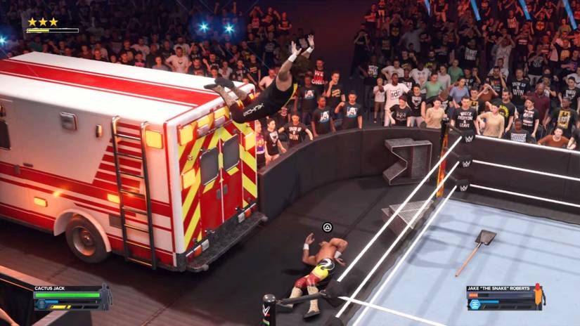 Cactus Jack performing a diving move off an ambulance in WWE 2K24