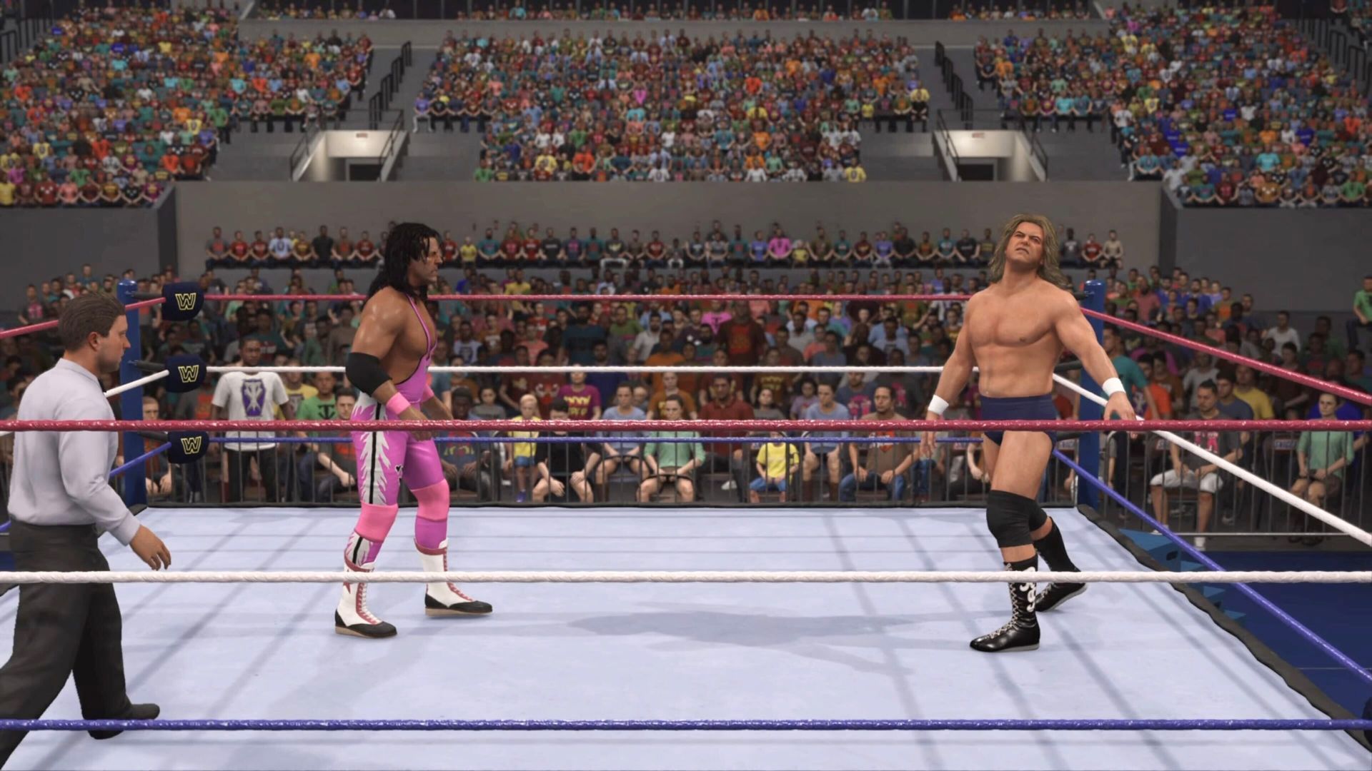 Roddy Piper and Bret Hart facing off in WWE2K24