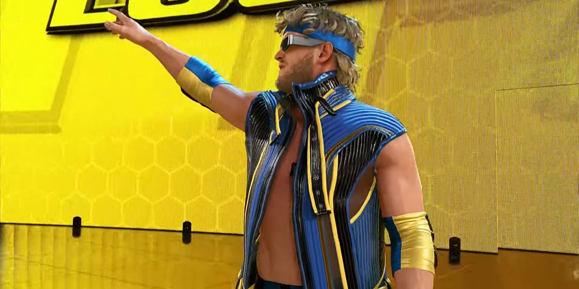 Logan Paul pointing to the crowd during his entrance in WWE 2K24