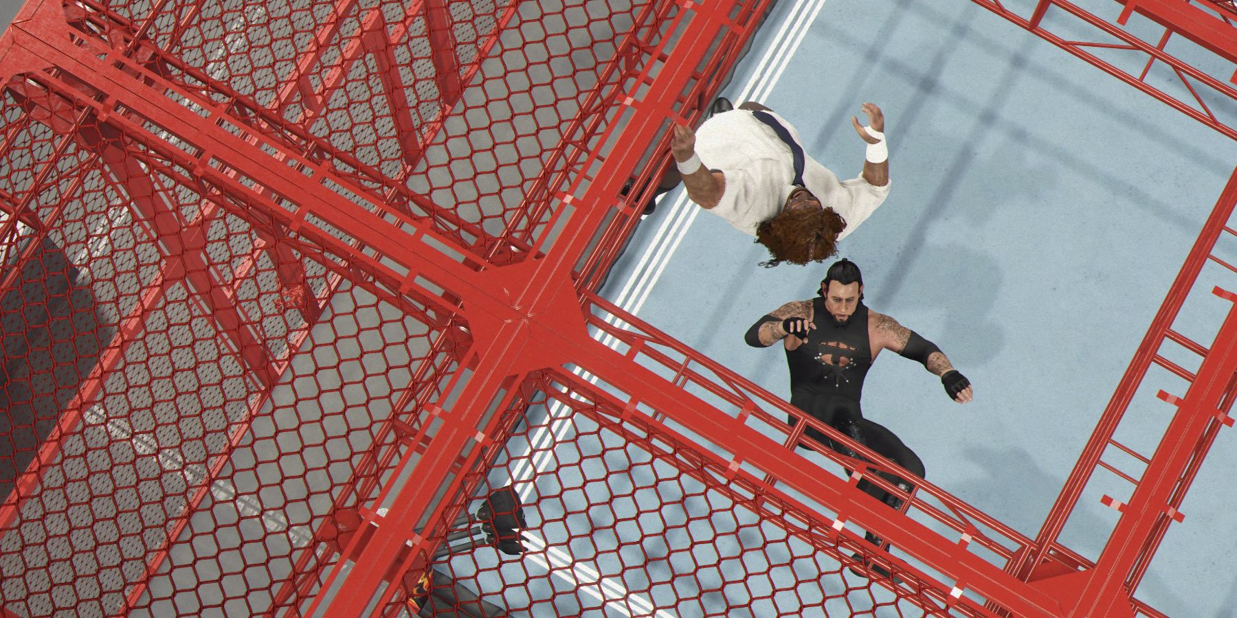 WWE 2K24 Mankind slamming Undertaker through the Hell in a Cell roof