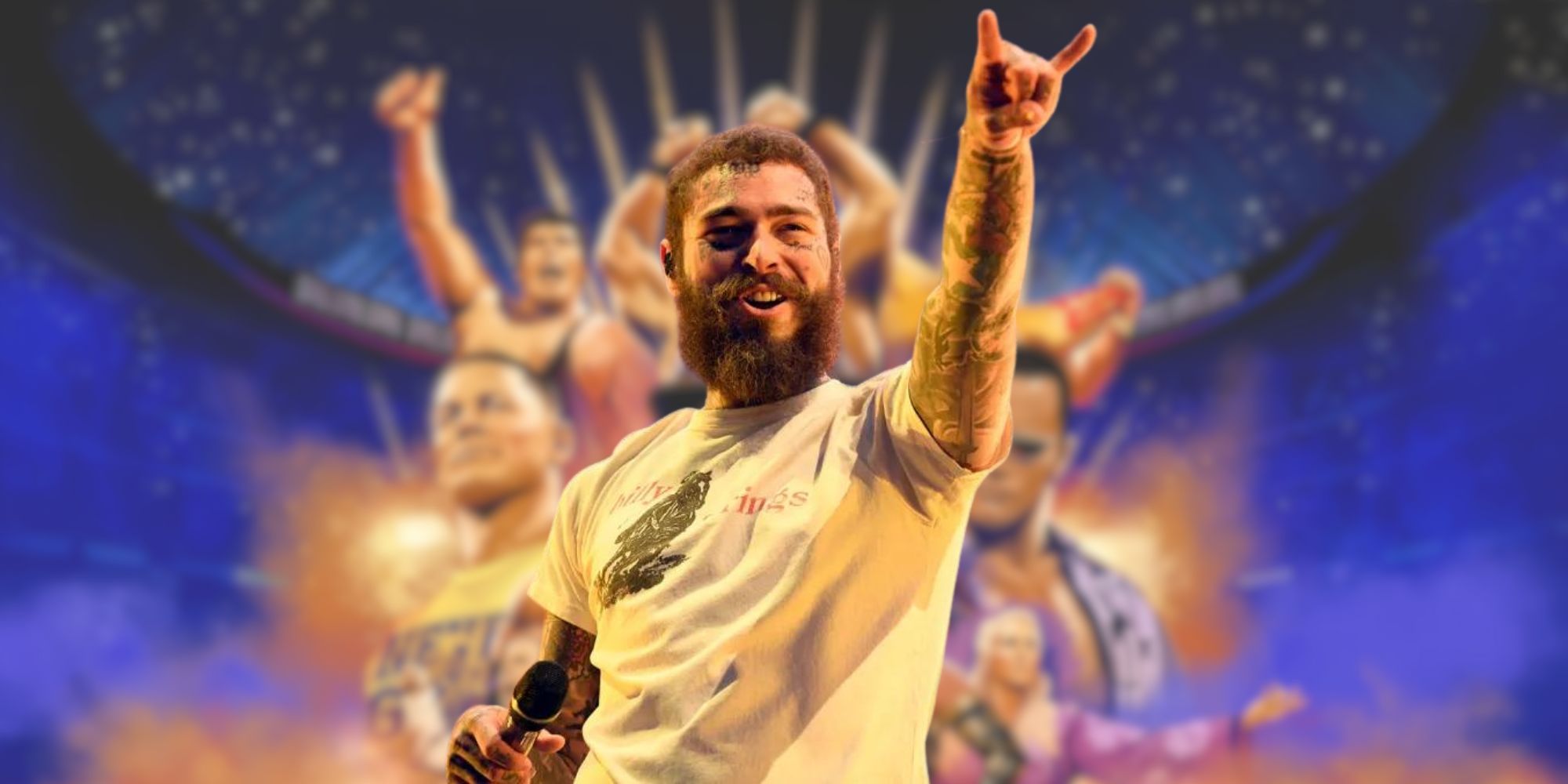 Post Malone in front of the Wrestlemania cover of WWE 2K24
