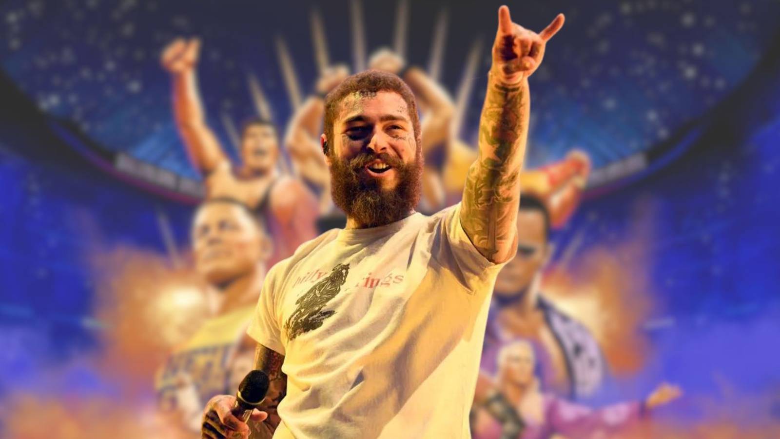 Post Malone in front of the Wrestlemania cover of WWE 2K24