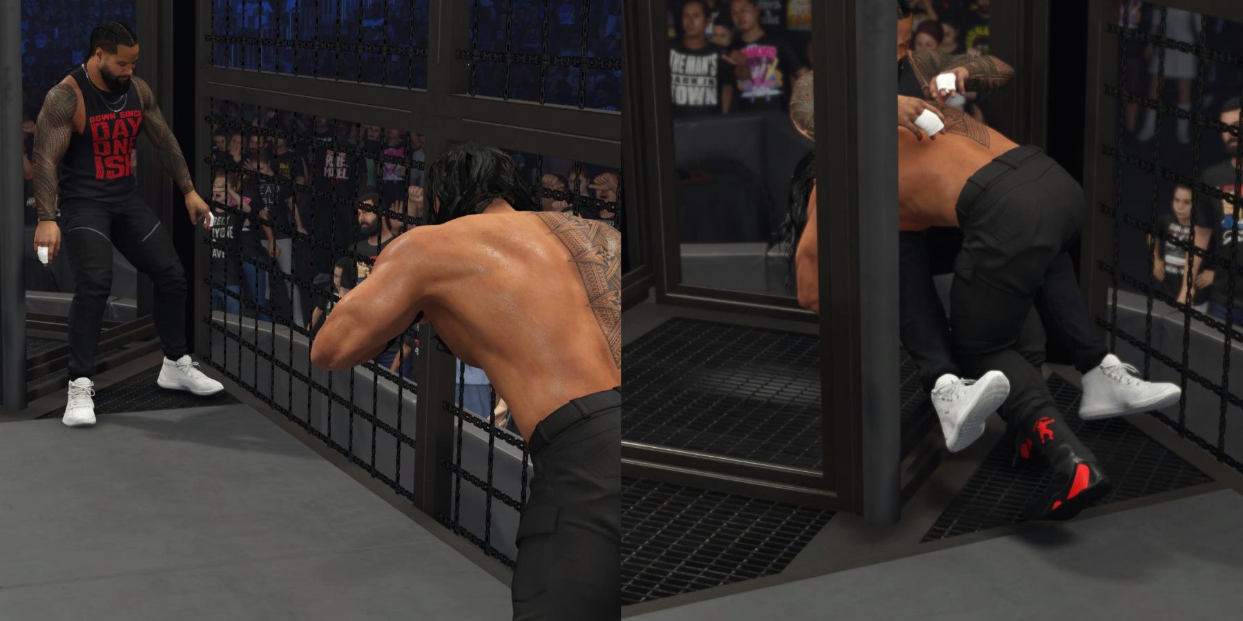 WWE 2K24 Roman Reigns hits the spear through the pod