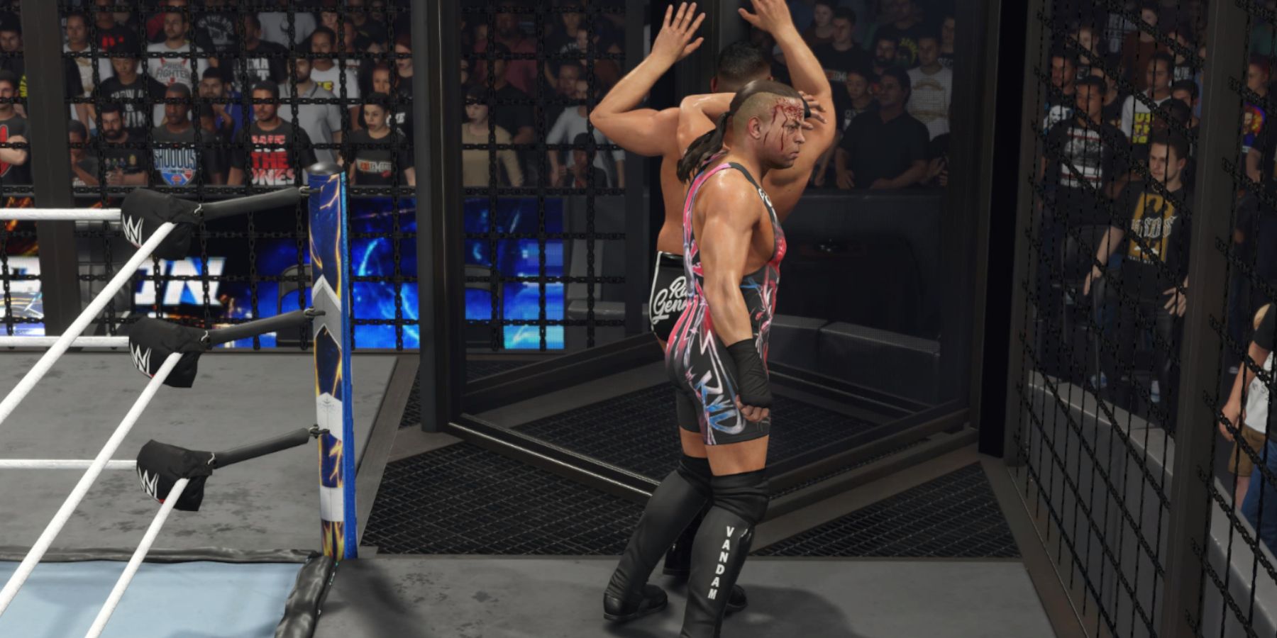 WWE 2K24 RVD using the pod as a weapon in the Elimination Chamber