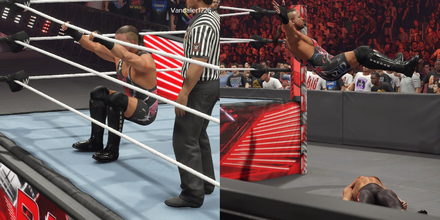 WWE 2K24 RVD vaulting over with a springboard attack - From the apron: climb onto the apron with the R1/RB button