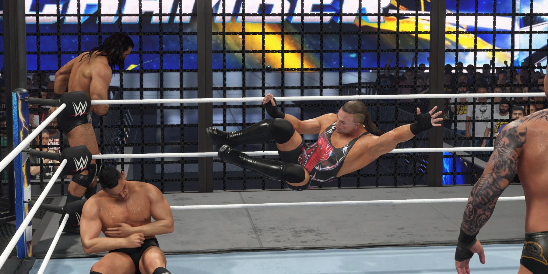WWE 2K24 RVD with the drop kick in the Elimination Chamber